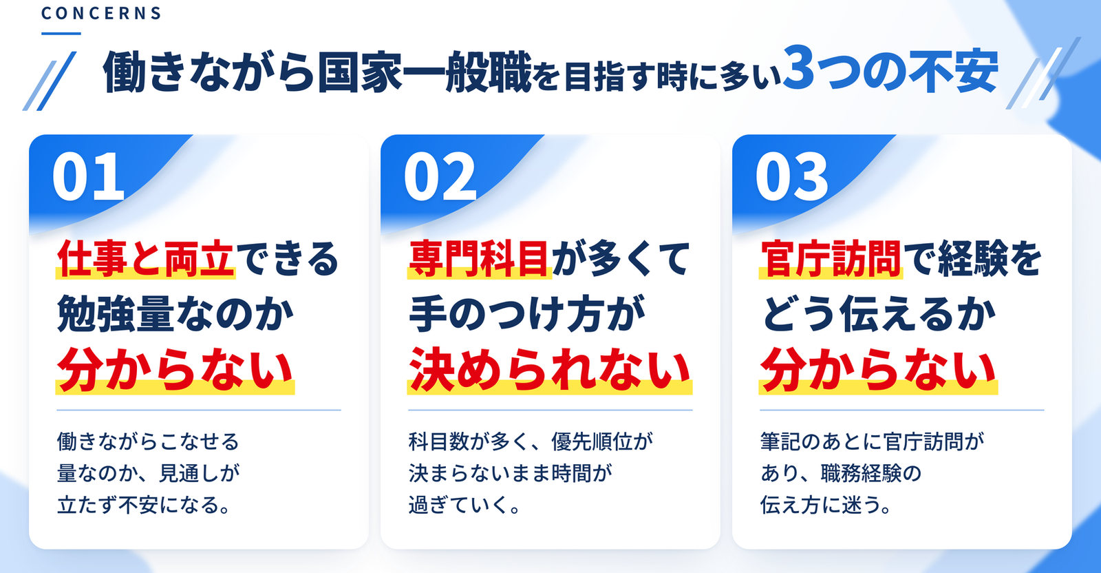 働きながら国家一般職を目指すときに多い3つの不安｜仕事と両立できる勉強量なのか分からない／専門科目が多くてどこから手をつけるか決められない／官庁訪問でこれまでの経験をどう伝えるか分からない
