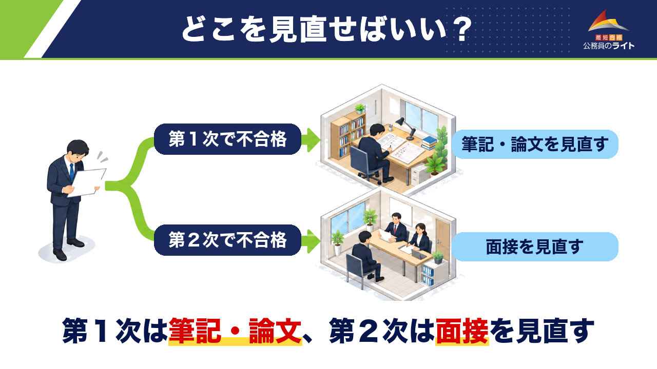 第1次で落ちたら筆記・論文を、第2次で落ちたら面接を中心に見直す