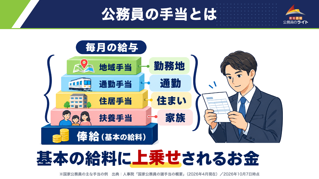 公務員の手当とは：俸給（基本の給料）の上に扶養手当・住居手当・通勤手当・地域手当が上乗せされて毎月の給与になる