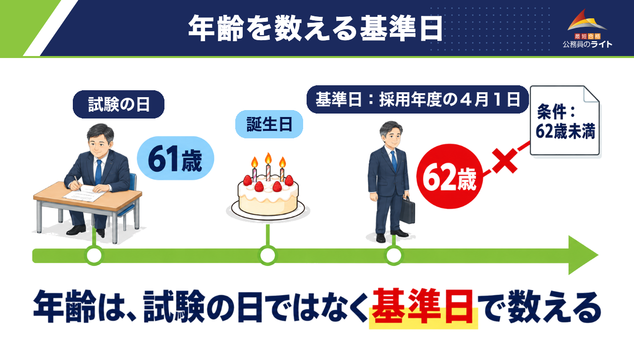 年齢は試験の日ではなく基準日(採用年度の4月1日)で数える。試験の日に61歳でも、基準日に62歳なら「62歳未満」の条件に当てはまらない例