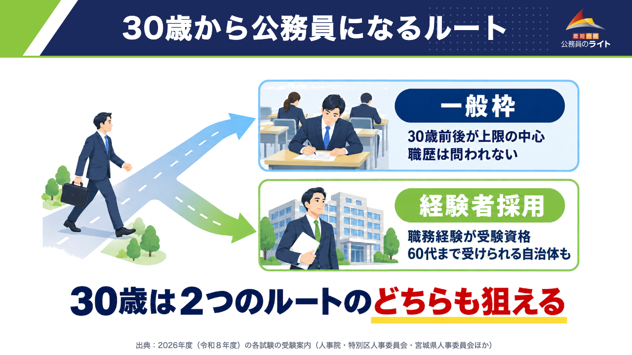 30歳から公務員になるルート(一般枠=30歳前後が上限の中心・職歴は問われない/経験者採用=職務経験が受験資格・60代まで受けられる自治体も。30歳は2つのルートのどちらも狙える)