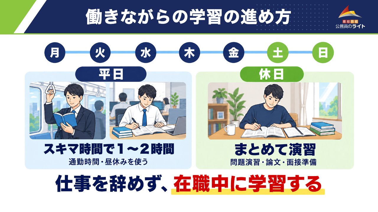 働きながらの学習の進め方(平日=通勤時間・昼休みのスキマ時間で1〜2時間/休日=問題演習・論文・面接準備をまとめて演習。仕事を辞めず、在職中に学習する)